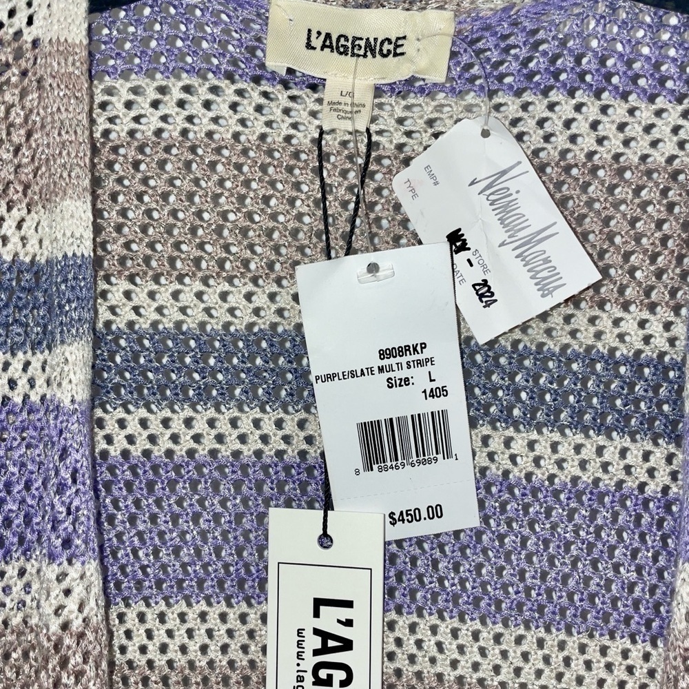 L’AGENCE Koi Striped Metallic Open-Knit Longline Cardigan NWT Large Duster - Picture 3 of 11